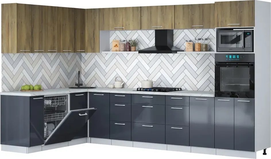 Готовая кухня Интерлиния Мила Gloss 1.896х3.38-2 (асфальт глянец/дуб вотан/серый каспий)