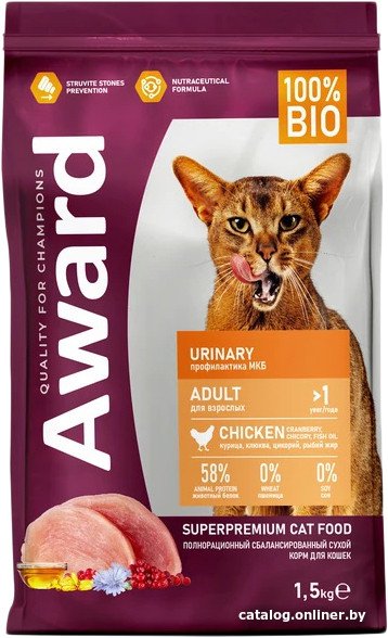 Сухой корм для кошек Award Adult Urinary (для профилактики мочекаменной болезни с курицей с добавлением клюквы, цикория и рыбьего жира) 1.5 кг