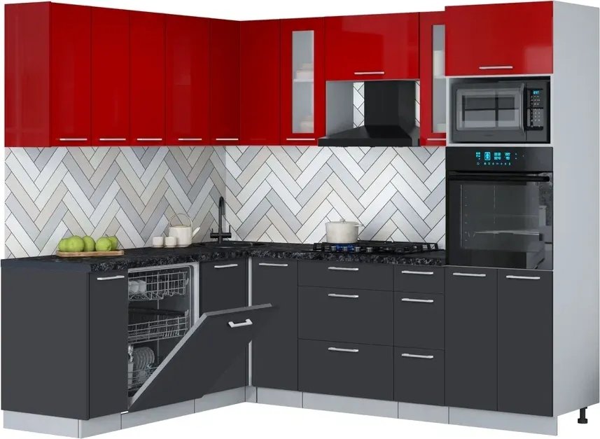 

Готовая кухня Интерлиния Мила Gloss 1.896х2.38 (пепел/красный глянец/кастилло темный)
