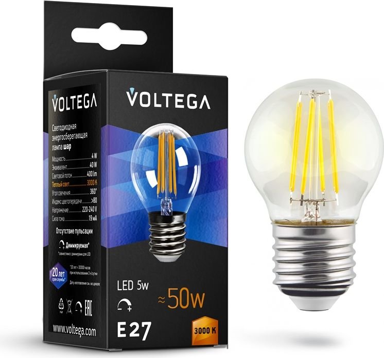 

Светодиодная лампочка Voltega Crystal Globe 5W 2800K E27 DIM 8466