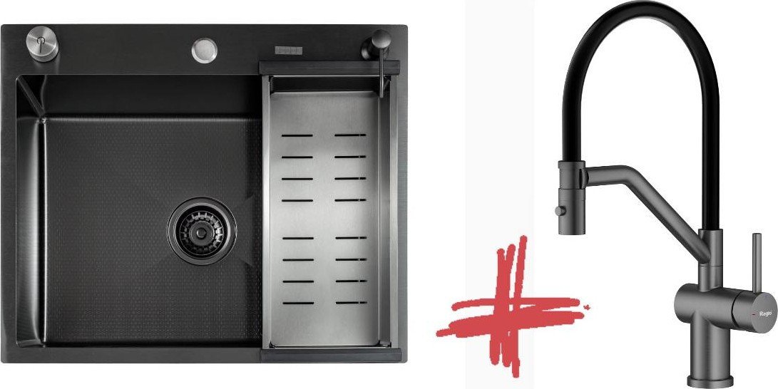 Кухонная мойка Futur FK 6050 Eco Embossing Pop-up (Black Nano) Mixer plus RAGLO R86.41.09