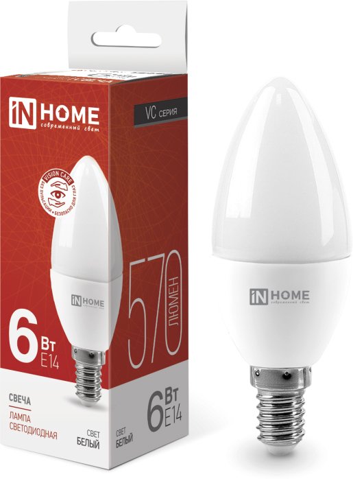 

Светодиодная лампочка In Home LED-Свеча-VC 6Вт 230В Е14 4000К 570Лм 4690612020396