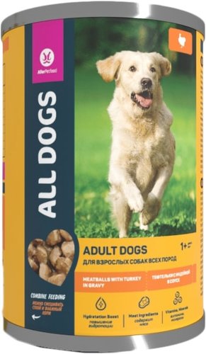 Консервированный корм для собак All Dogs Тефтельки с индейкой в соусе 415 г