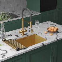 Кухонная мойка Roxen Uno 560210-54-GS PVD золотая/текстурная (с ролл-матом и дозатором)