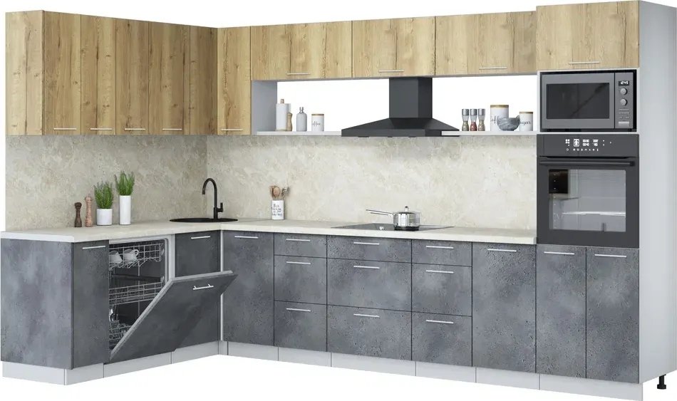 

Готовая кухня Интерлиния Мила Лайт 1.896х3.38-2 (дуб золотой/бетон портленд/опал светлый)