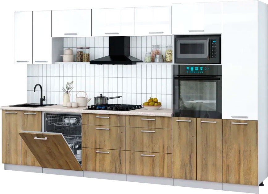 

Готовая кухня Интерлиния Мила Gloss 3.4-ПМ1 (дуб вотан/белый глянец/травертин серый)