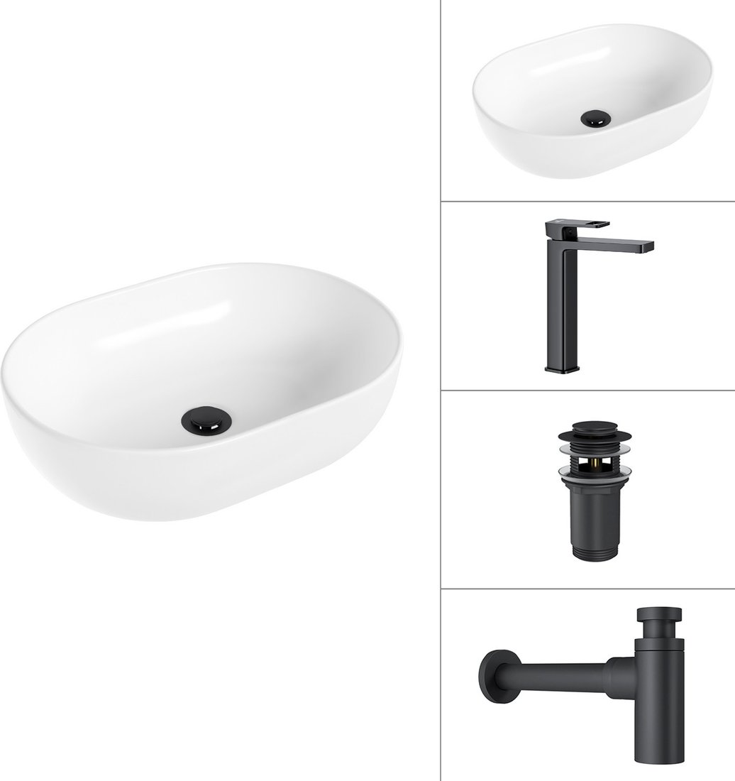 Умывальник Lauter 21836A + Cascade 21СК0655BS + сифон 21635B + дон.клапан 21190B (черный матовый)