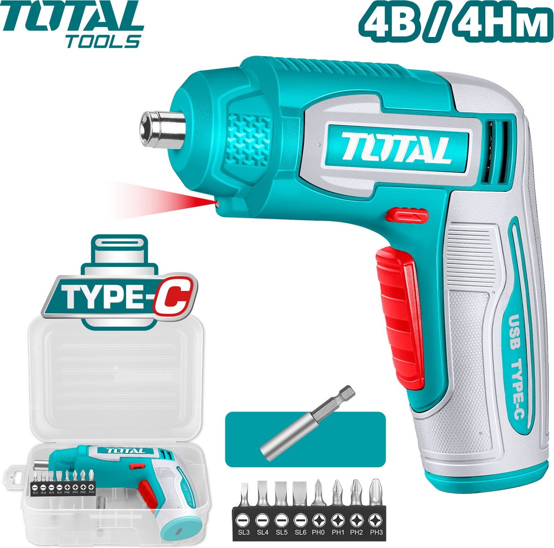 

Электроотвертка Total TSDLI0458 (с АКБ, кейс)
