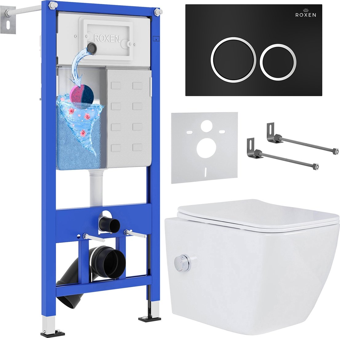 

Унитаз подвесной Roxen Cube Bidet One Rimless 6 в 1 StounFix Dual Fresh 508149 (кнопка: черный матовый)