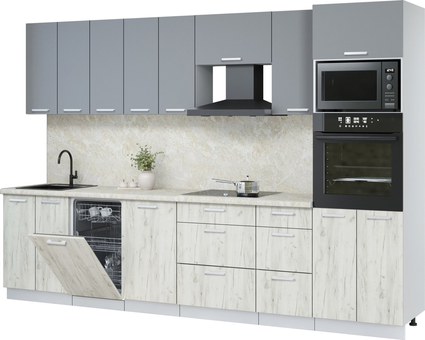 

Готовая кухня Интерлиния Мила Лайт 3.1-ПМ3 (серебро/дуб белый/опал светлый)