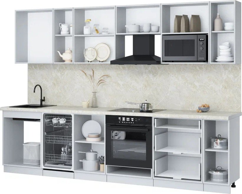 

Готовая кухня Интерлиния Мила Лайт 3.0-ПМ4 (серебро/дуб веллингтон/травертин серый)