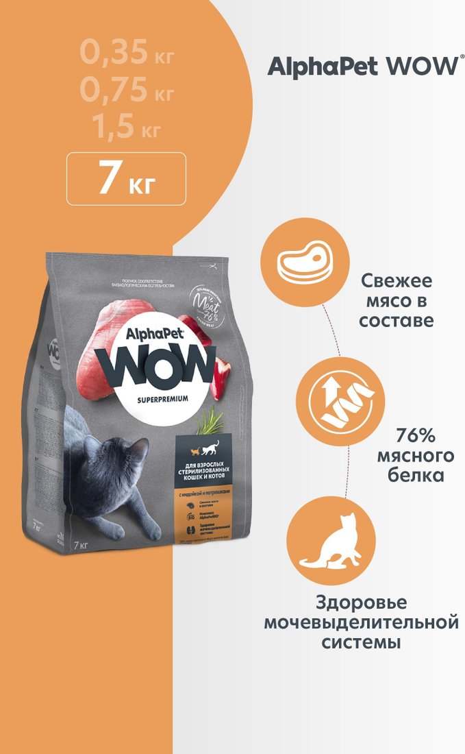 Сухой корм для кошек AlphaPet WOW Superpremium Cat Sterilised Индейка с потрошками 7 кг