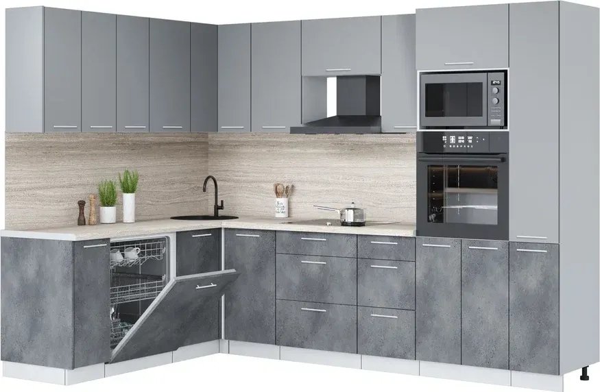 

Готовая кухня Интерлиния Мила Лайт 1.896х2.88 (серебро/бетон портленд/травертин серый)