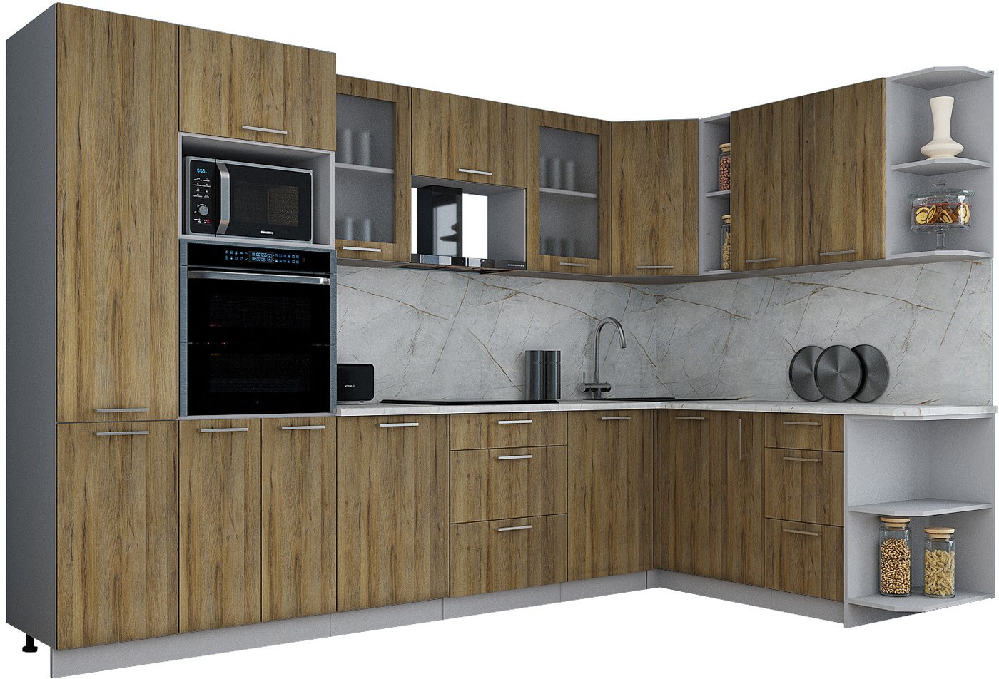 

Готовая кухня Интерлиния Мила Gloss 1.88x3.2 правая (дуб вотан/дуб вотан/травертин серый)