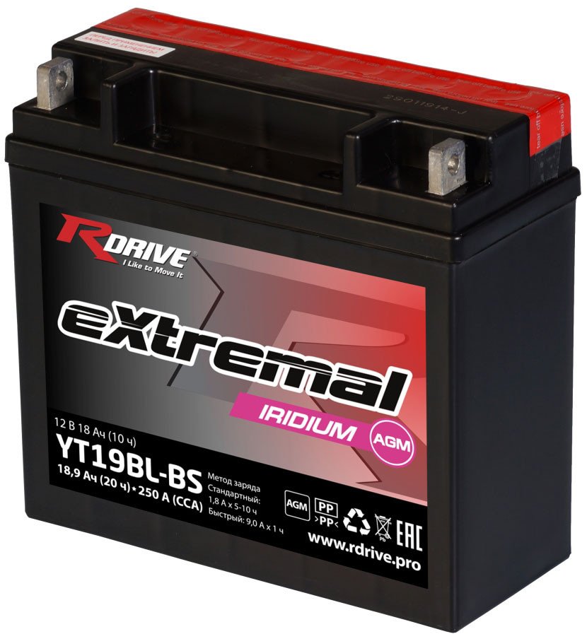 

Мотоциклетный аккумулятор RDrive eXtremal Iridium YT19BL-BS (18 А·ч)
