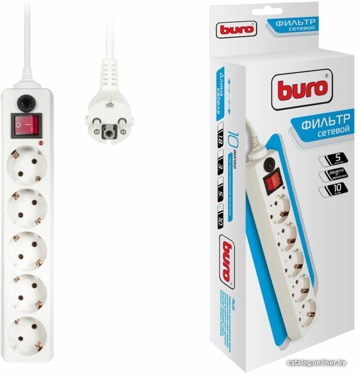 Сетевой фильтр Buro 5 розеток, белый, 10 м [500SH-10-W]