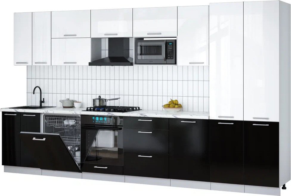 

Готовая кухня Интерлиния Мила Gloss 3.7-ПМ2 (черный глянец/белый глянец/белый гранит)