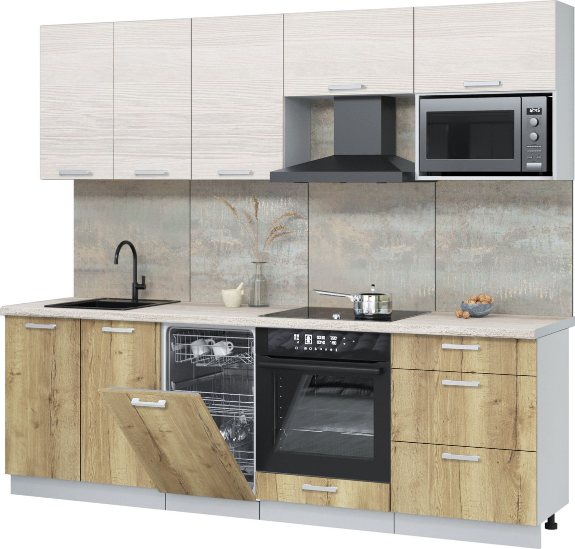 

Готовая кухня Интерлиния Мила Лайт 2.45-ПМ4 (вудлайн кремовый/дуб золотой/травертин серый)