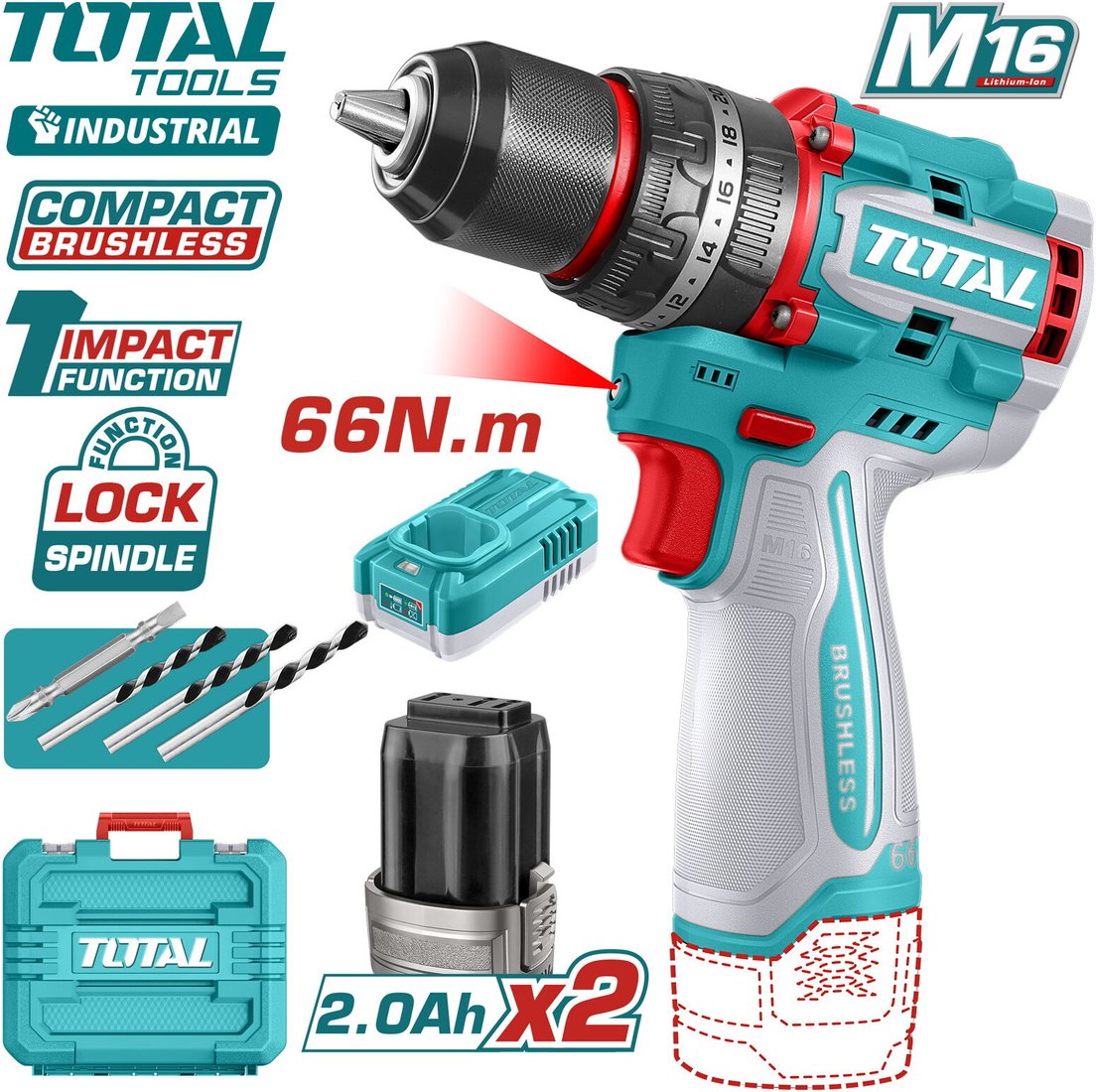Ударная дрель-шуруповерт Total TIDLI166062 (с 2-мя АКБ, кейс)