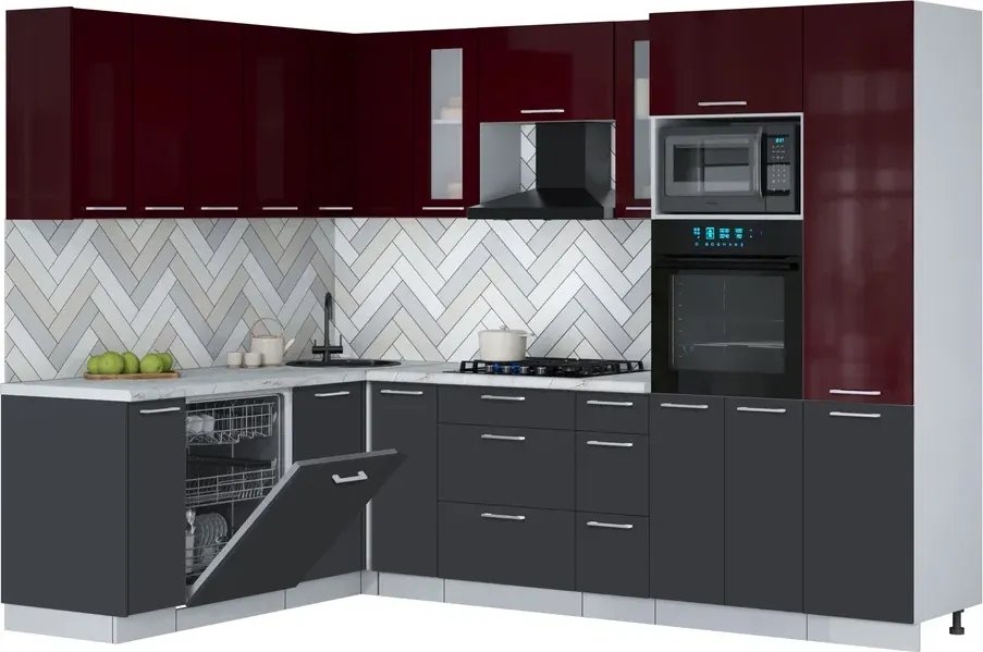 

Готовая кухня Интерлиния Мила Gloss 1.896х2.78 (пепел/бордовый глянец/серый каспий)