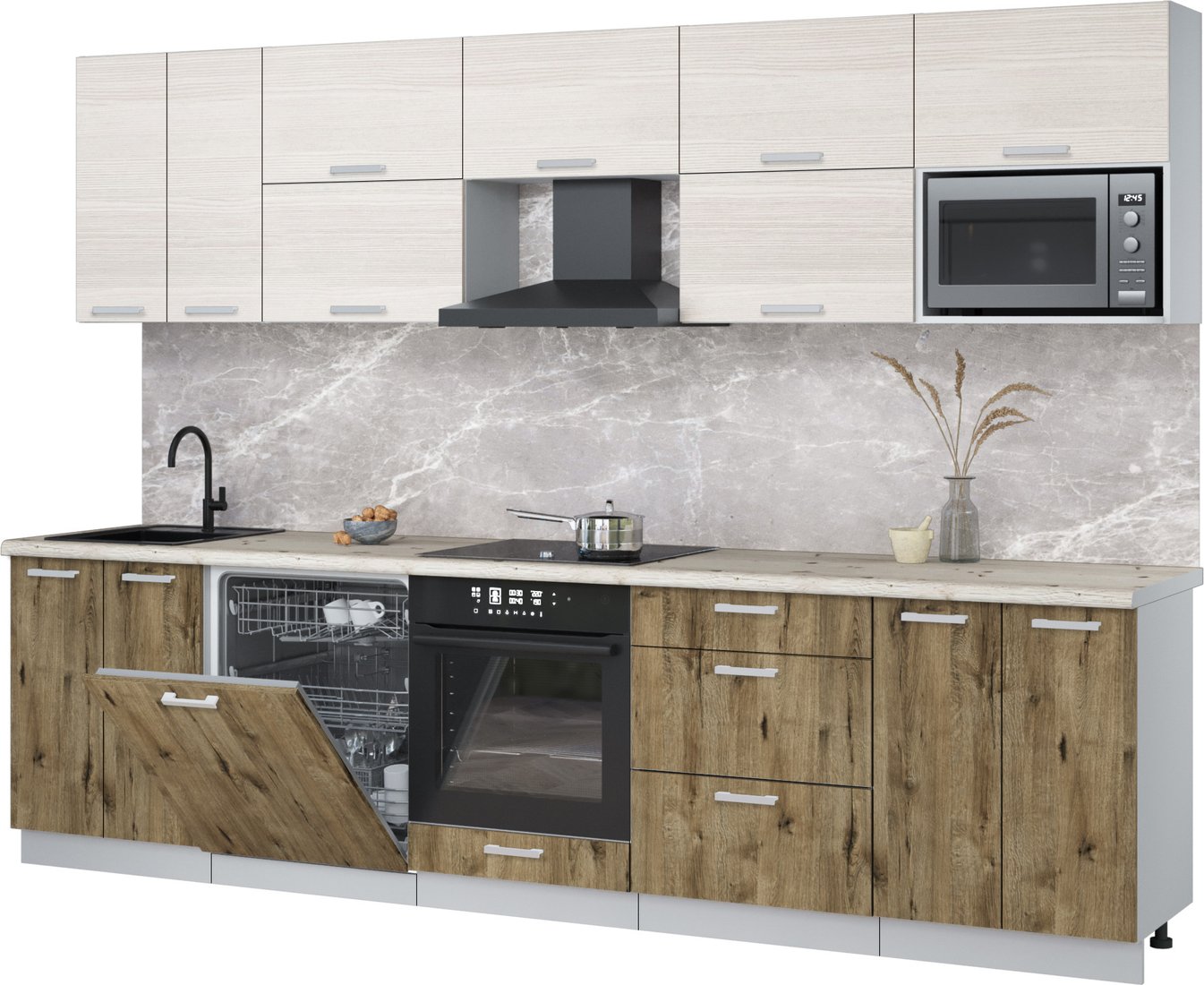 

Готовая кухня Интерлиния Мила Лайт 3.0-ПМ2 (вудлайн кремовый/дуб веллингтон/бискайская сосна)