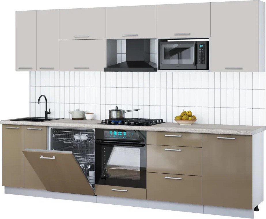 

Готовая кухня Интерлиния Мила Gloss 2.9-ПМ2 (капучино глянец/кашемир/травертин серый)