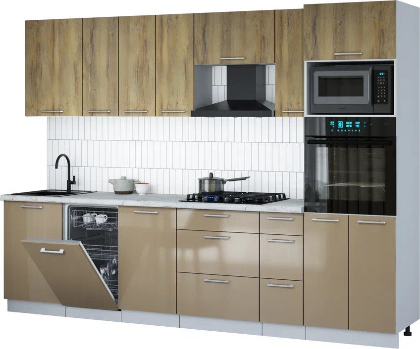 

Готовая кухня Интерлиния Мила Gloss 2.9-ПМ3 (капучино глянец/дуб вотан/серый каспий)