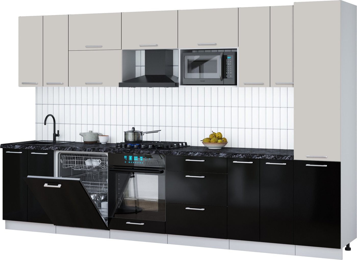 

Готовая кухня Интерлиния Мила Gloss 3.4-ПМ2 (черный глянец/кашемир/кастилло темный)