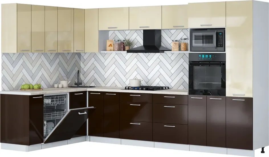 

Готовая кухня Интерлиния Мила Gloss 1.896х3.38 (шоколад глянец/ваниль глянец/травертин серый)