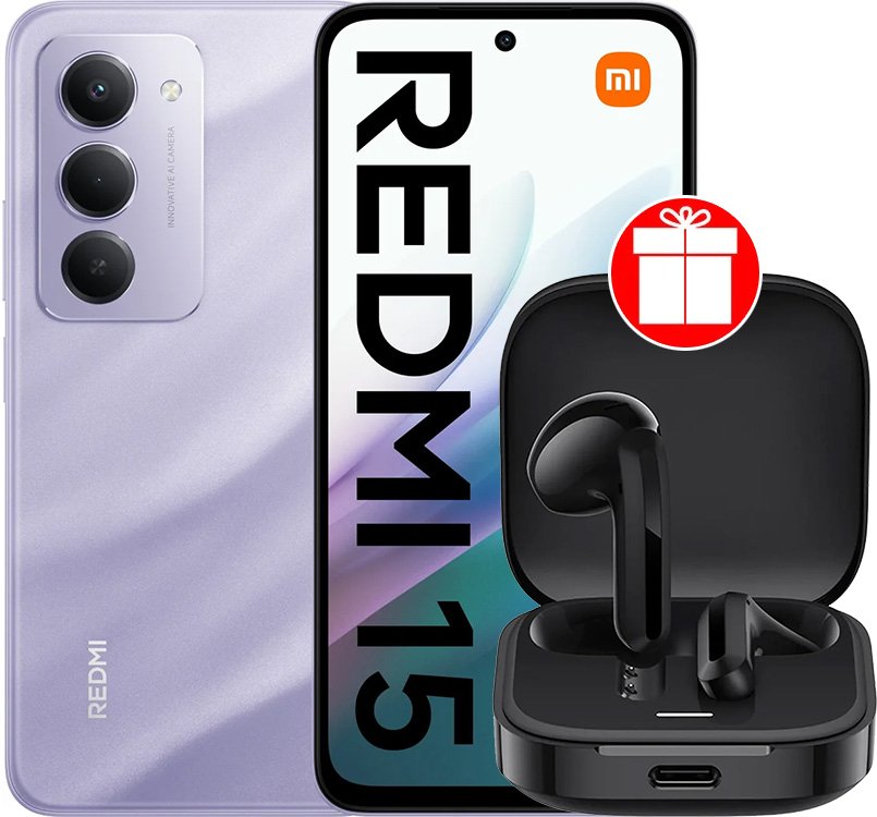 Телефон Xiaomi Redmi 15 4G 6GB/128GB международная версия (фиолетовый) + наушники Xiaomi Redmi Buds 6 Active M2344E1 (черный) по акции
