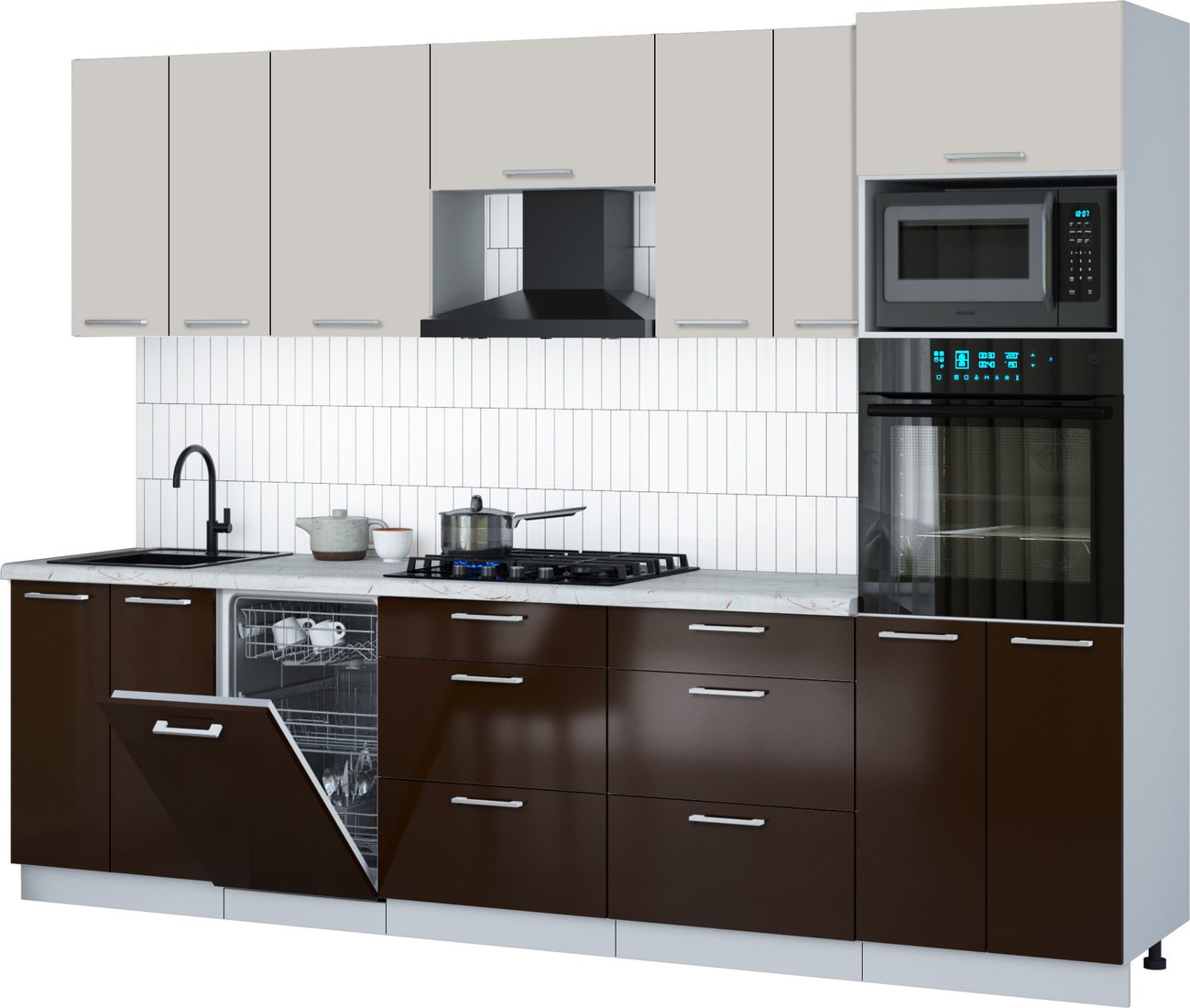 

Готовая кухня Интерлиния Мила Gloss 2.85-ПМ3 (шоколад глянец/кашемир/серый каспий)