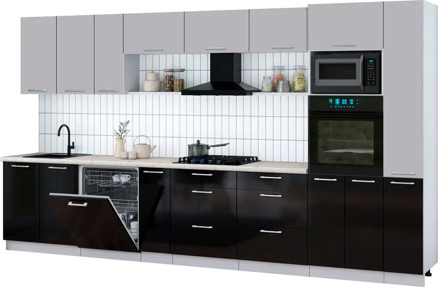 

Готовая кухня Интерлиния Мила Gloss 3.8-ПМ1 (черный глянец/грей/бискайская сосна)