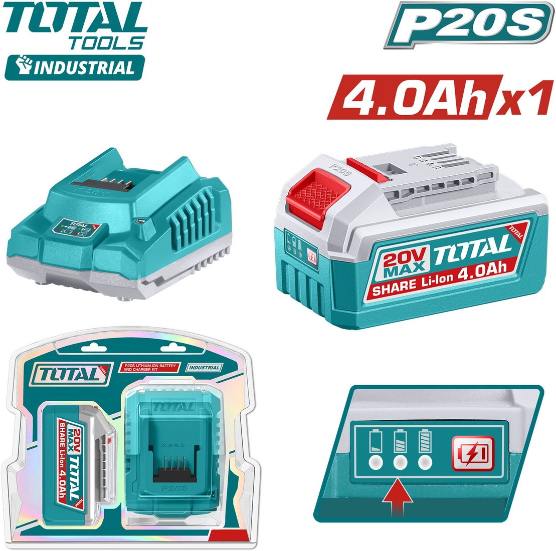 

Аккумулятор с зарядным устройством Total TFBCPK1012 (20В/4 Ah + 20В)