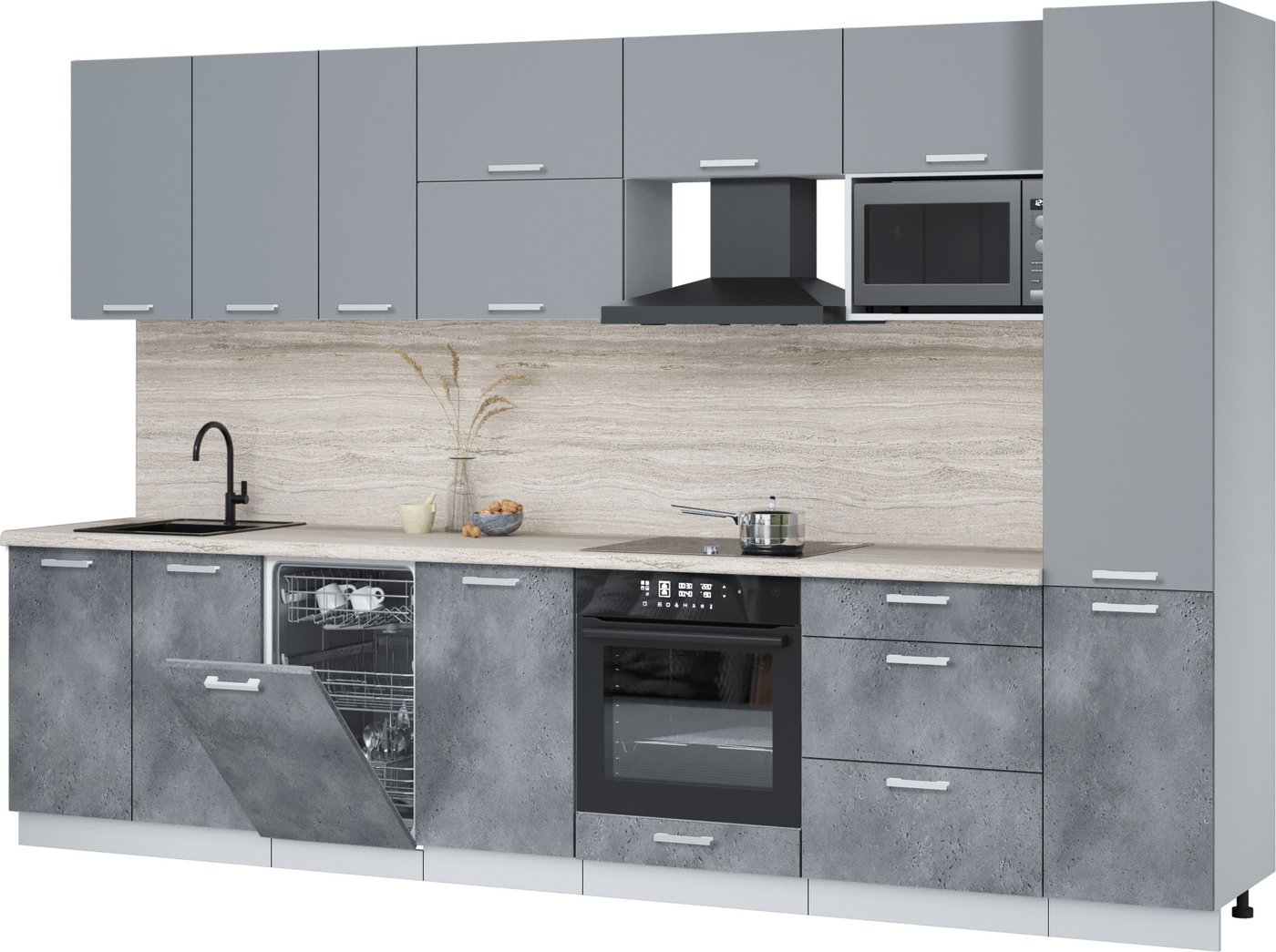 

Готовая кухня Интерлиния Мила Лайт 3.3-ПМ4 (серебро/бетон портленд/травертин серый)