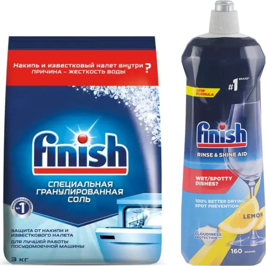 Набор чистящих средств Finish Rinse & Shine Aid 800 мл + Соль для посудомоечной машины Finish Специальная соль 3 кг