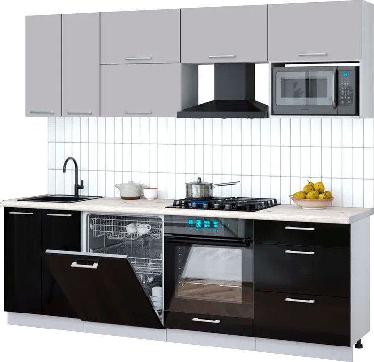 

Готовая кухня Интерлиния Мила Gloss 2.4-ПМ2 (черный глянец/грей/бискайская сосна)