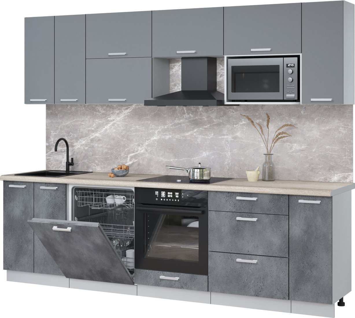 

Готовая кухня Интерлиния Мила Лайт 2.7-ПМ2 (серебро/бетон портленд/травертин серый)