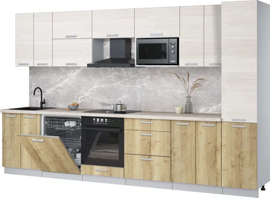 

Готовая кухня Интерлиния Мила Лайт 3.4-ПМ2 (вудлайн кремовый/дуб золотой/травертин серый)