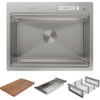 Кухонная мойка Roxen Stage 560250-60 сатин (c держателем для ножей, двумя коландерами, разделочной доской и дозатором)