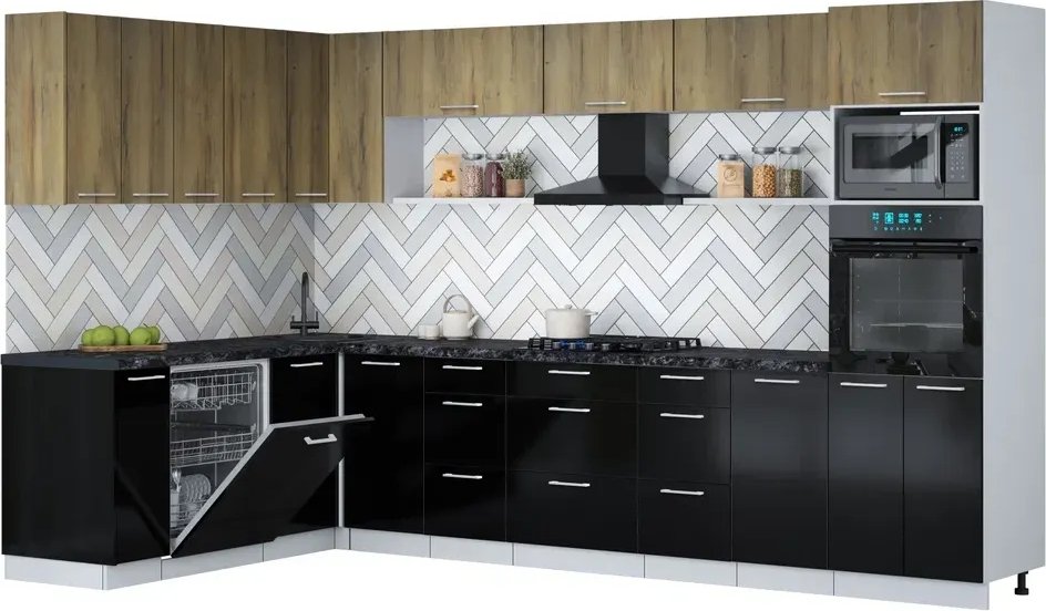 

Готовая кухня Интерлиния Мила Gloss 1.896х3.38-2 (черный глянец/дуб вотан/кастилло темный)