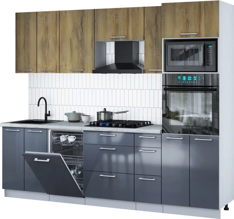 

Готовая кухня Интерлиния Мила Gloss 2.55-ПМ3 (асфальт глянец/дуб вотан/серый каспий)