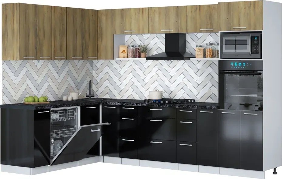 

Готовая кухня Интерлиния Мила Gloss 1.896х2.98-2 (черный глянец/дуб вотан/кастилло темный)