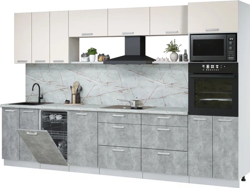 

Готовая кухня Интерлиния Мила Лайт 3.3-ПМ3 (персидский жемчуг/бетон/серый каспий)