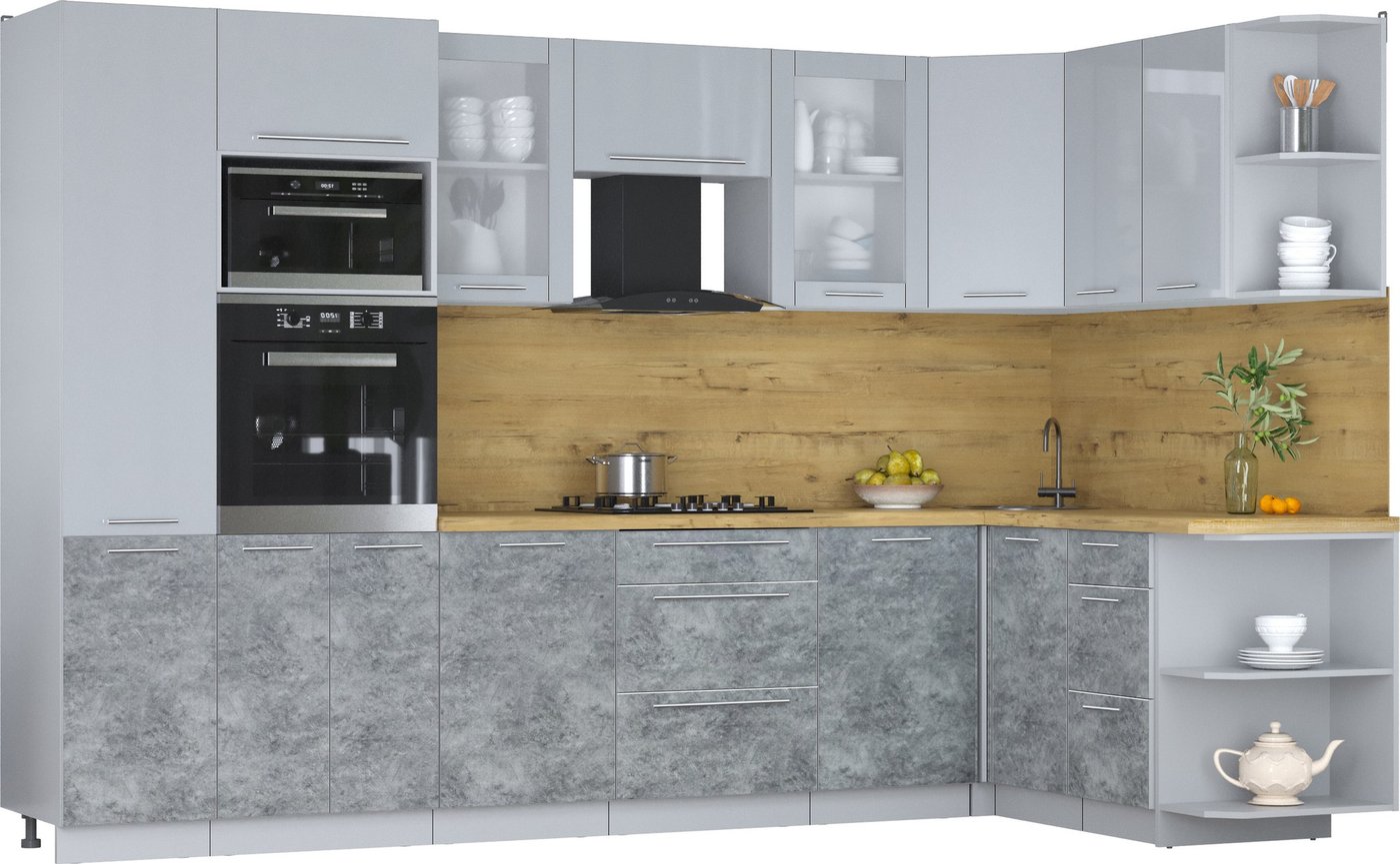 

Готовая кухня Интерлиния Мила Пластик 1.68x3.2 PR (туманный глянец/мрамор/дуб бунратти)