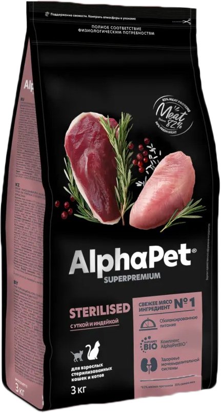 

Сухой корм для кошек AlphaPet Superpremium Sterilised с уткой и индейкой 3 кг