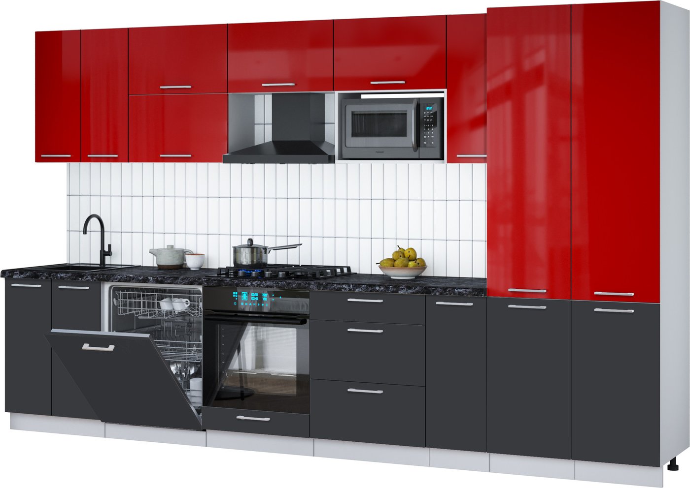 

Готовая кухня Интерлиния Мила Gloss 3.5-ПМ2 (пепел/красный глянец/кастилло темный)