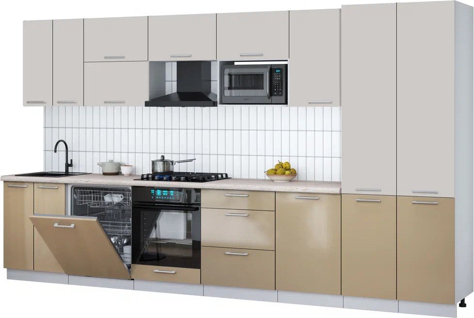 

Готовая кухня Интерлиния Мила Gloss 3.7-ПМ2 (капучино глянец/кашемир/травертин серый)