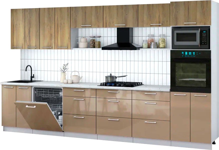 

Готовая кухня Интерлиния Мила Gloss 3.6-ПМ1-2 (капучино глянец/дуб вотан/серый каспий)