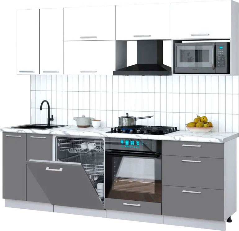 

Готовая кухня Интерлиния Мила Gloss 2.4-ПМ2 (серый/белый глянец/белый гранит)