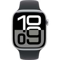 Умные часы Apple Watch Series 10 46 мм (алюминиевый корпус, серебристый/черный, спортивный силиконовый ремешок S/M)